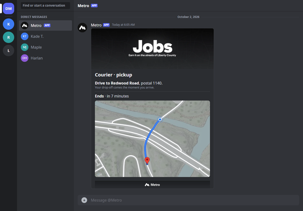 A Discord direct message from Metro telling a player to drive to Redwood Road, postal 1140, with a route map.