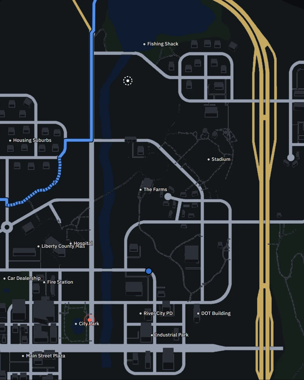 Close-up of the Liberty County map with a route in blue and a 911 call marked in red near City Park.